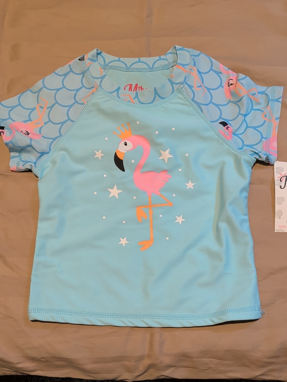 Miken Kids Swim Rash Guard - Light Blue with Pink Flamingo